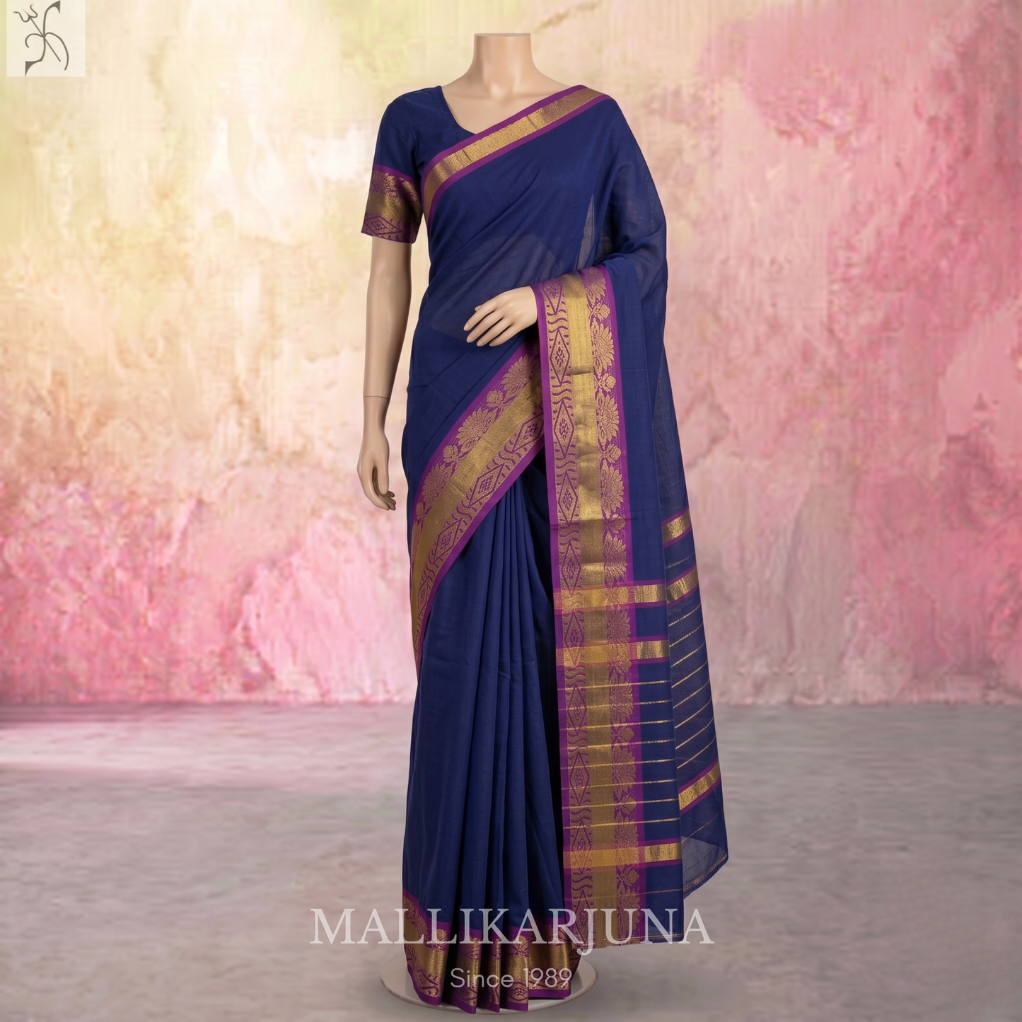 C58. Pure Dark Blue Plain Venkatagiri Cotton Saree