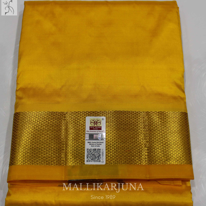 E95.Yellow Premium Pure Silk Dhoti & Angavastram (Towel) Set