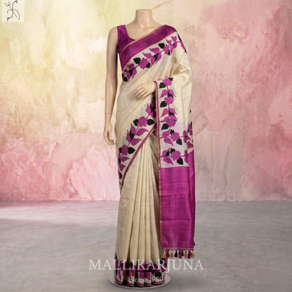 B30.Pure White Tussar Silk Saree