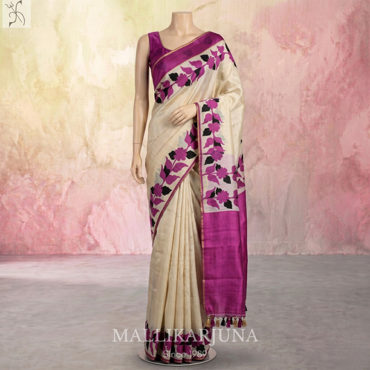 B30.Pure White Tussar Silk Saree