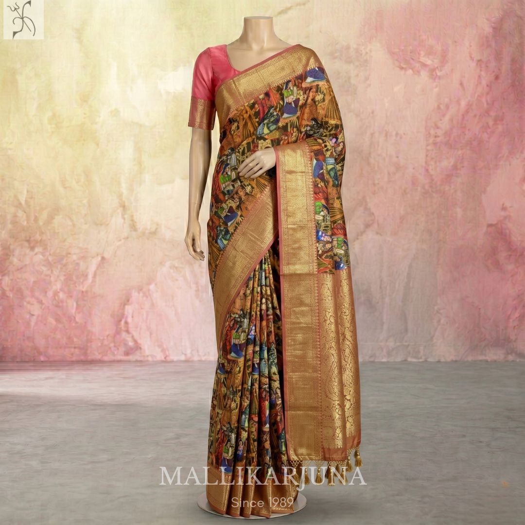 A10.Pure Tissue Bottle Green Kalamkari Silk Saree