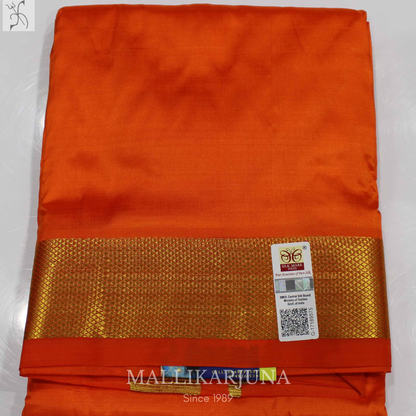 E96.Orange Premium Pure Silk Dhoti & Angavastram (Towel) Set