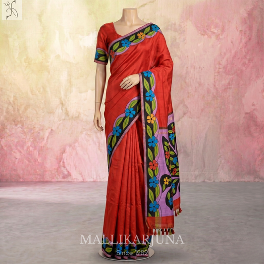 B31.Pure Red Tussar Silk Saree