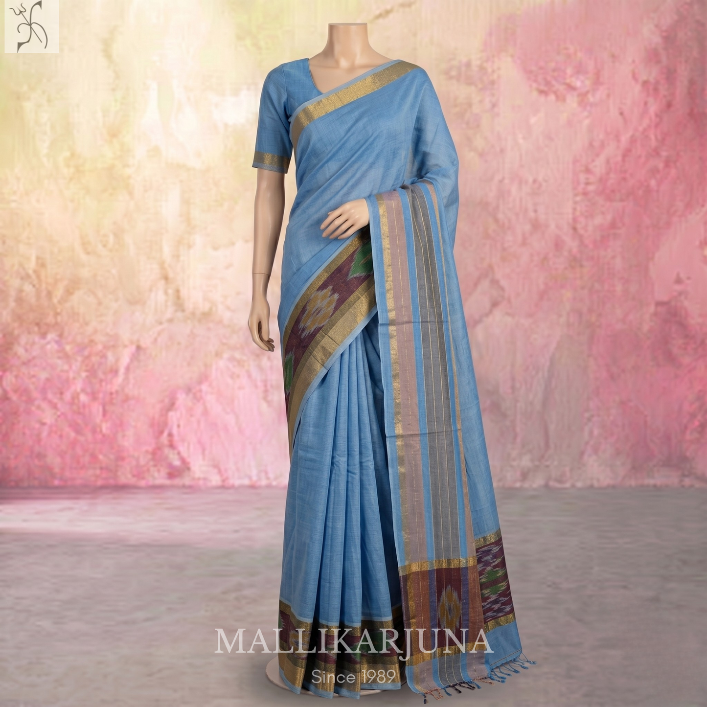 C63. Pure Sky Blue Plain Venkatagiri Cotton Saree