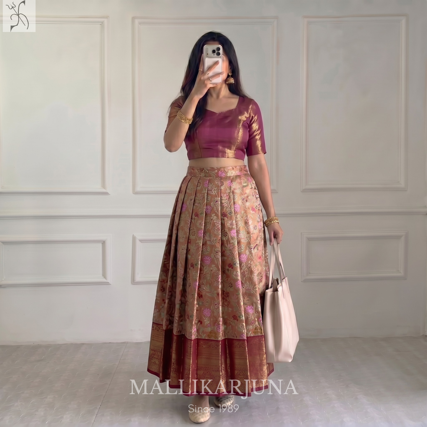 M134 Semi Kanjivaram Tissue Pink Pattu Pavada
