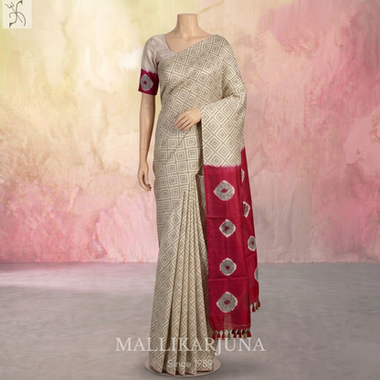 B32.Pure White Tussar Silk Saree