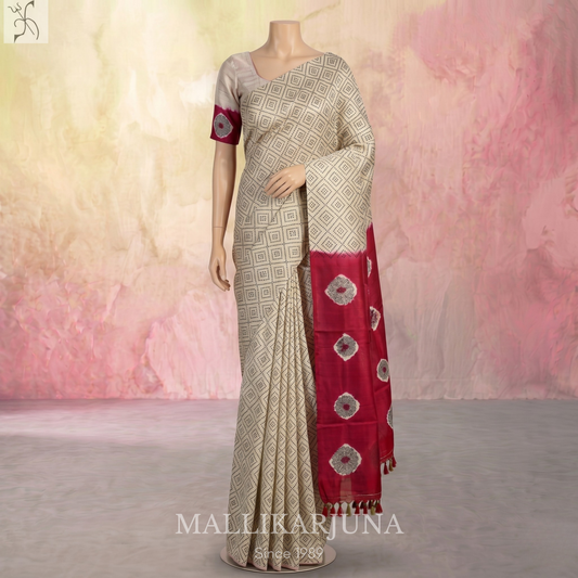 B32.Pure White Tussar Silk Saree
