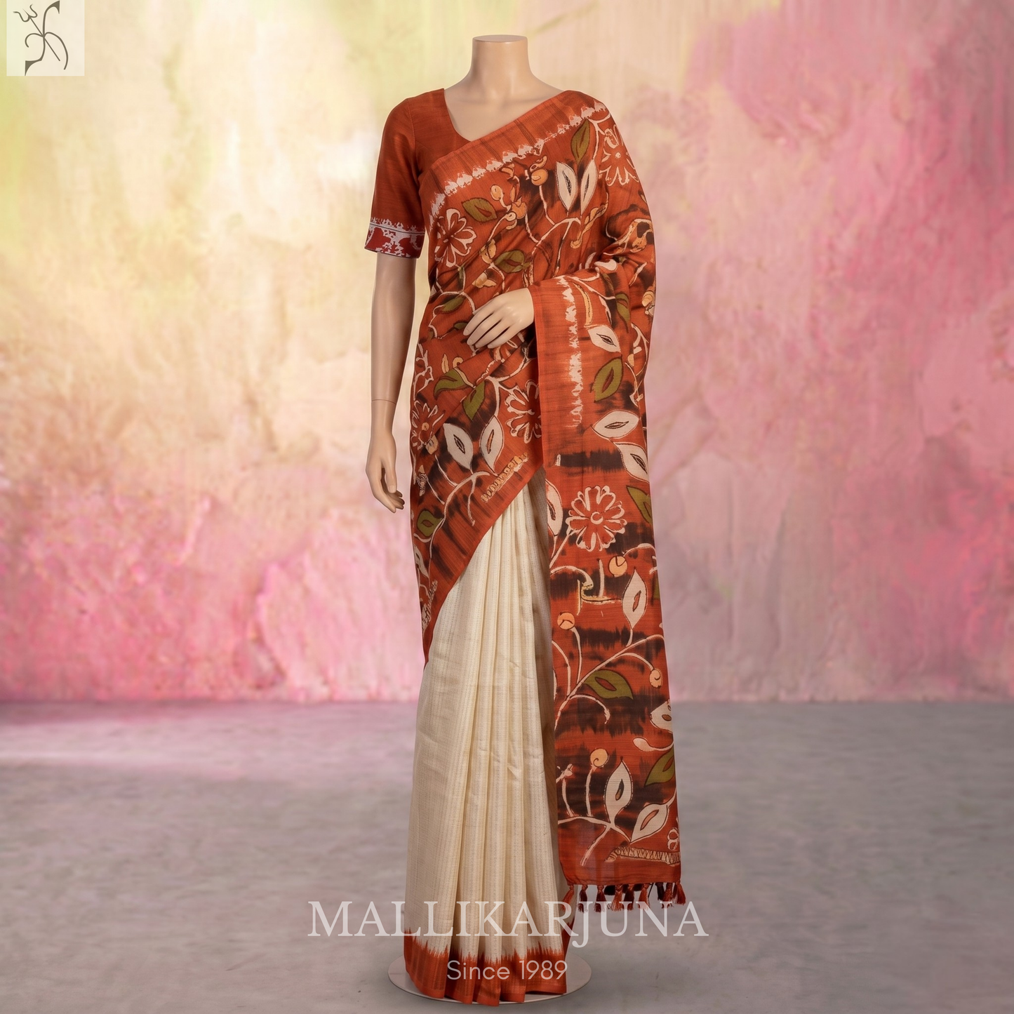 B33.Pure Orange/White(Half & half )Tussar Silk Saree