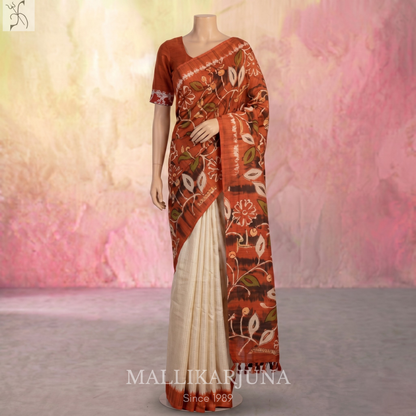B33.Pure Orange/White(Half & half )Tussar Silk Saree