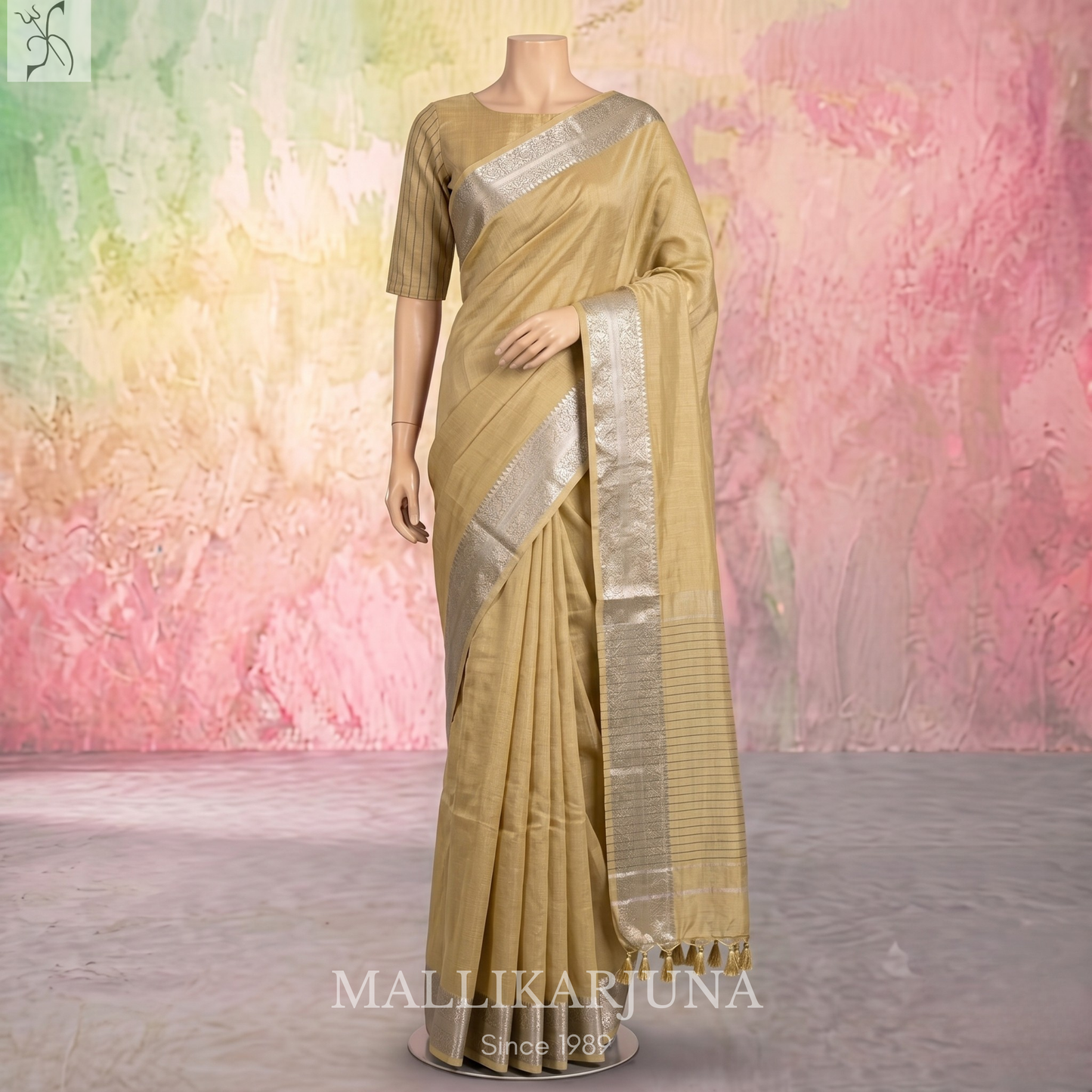 D113  Biscuit Color Mangalagiri Saree
