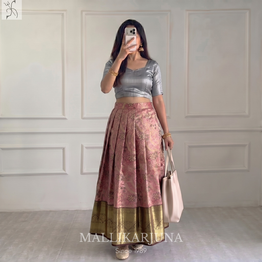 M135 Semi Kanjivaram Tissue Pink Pattu Pavada