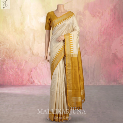 B34.Pure White Tussar Silk Saree