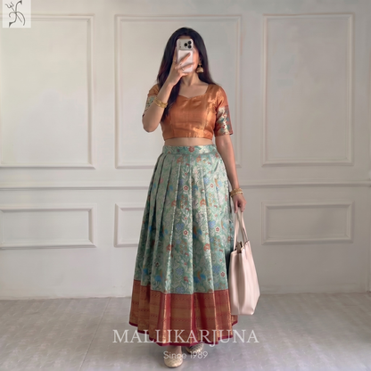M137 Semi Kanjivaram Tissue Sky blue Pattu Pavada