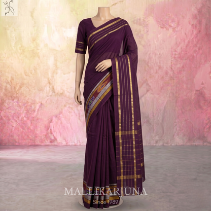 C66. Pure Dark Brown Plain Venkatagiri Cotton Saree