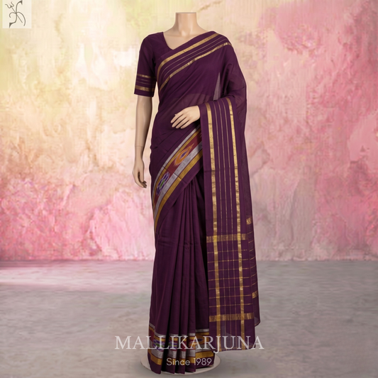 C66. Pure Dark Brown Plain Venkatagiri Cotton Saree