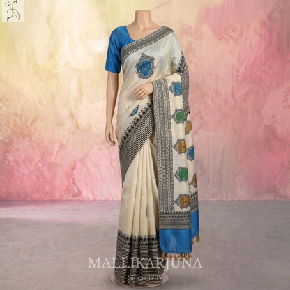 B35.Pure Cream Kalamkari Tussar Silk Saree