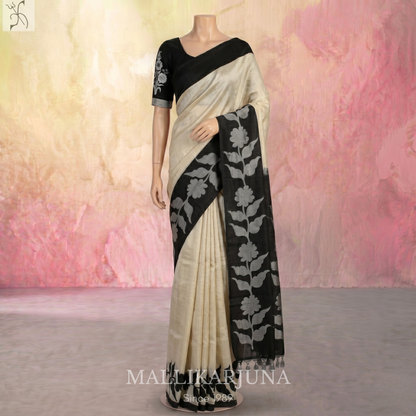 B38.Pure White Tussar Silk Saree