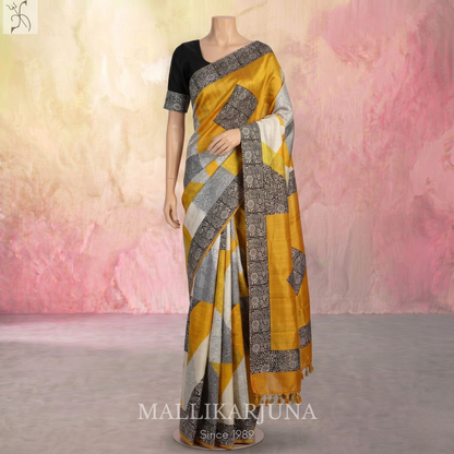 B39.Pure White/Yellow Tussar Silk Saree