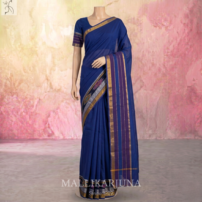 C70. Pure Ink Blue Plain Venkatagiri Cotton Saree