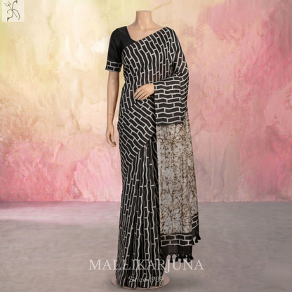 B42.Pure White/Black Tussar Silk Saree