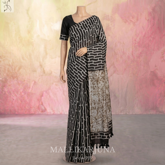 B42.Pure White/Black Tussar Silk Saree