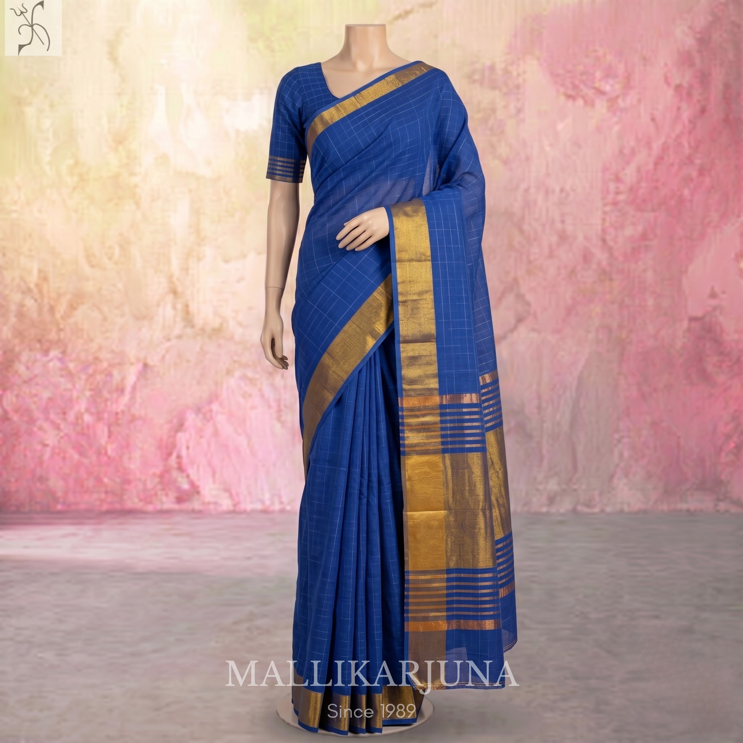 C73. Pure Ink Blue Checks Venkatagiri Cotton Saree