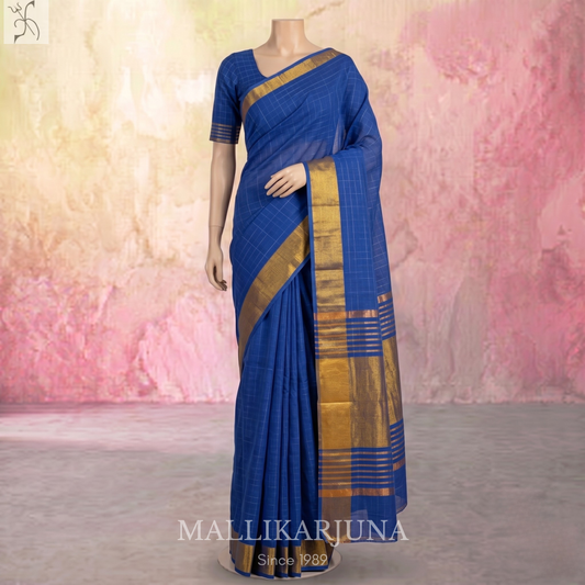 C73. Pure Ink Blue Checks Venkatagiri Cotton Saree