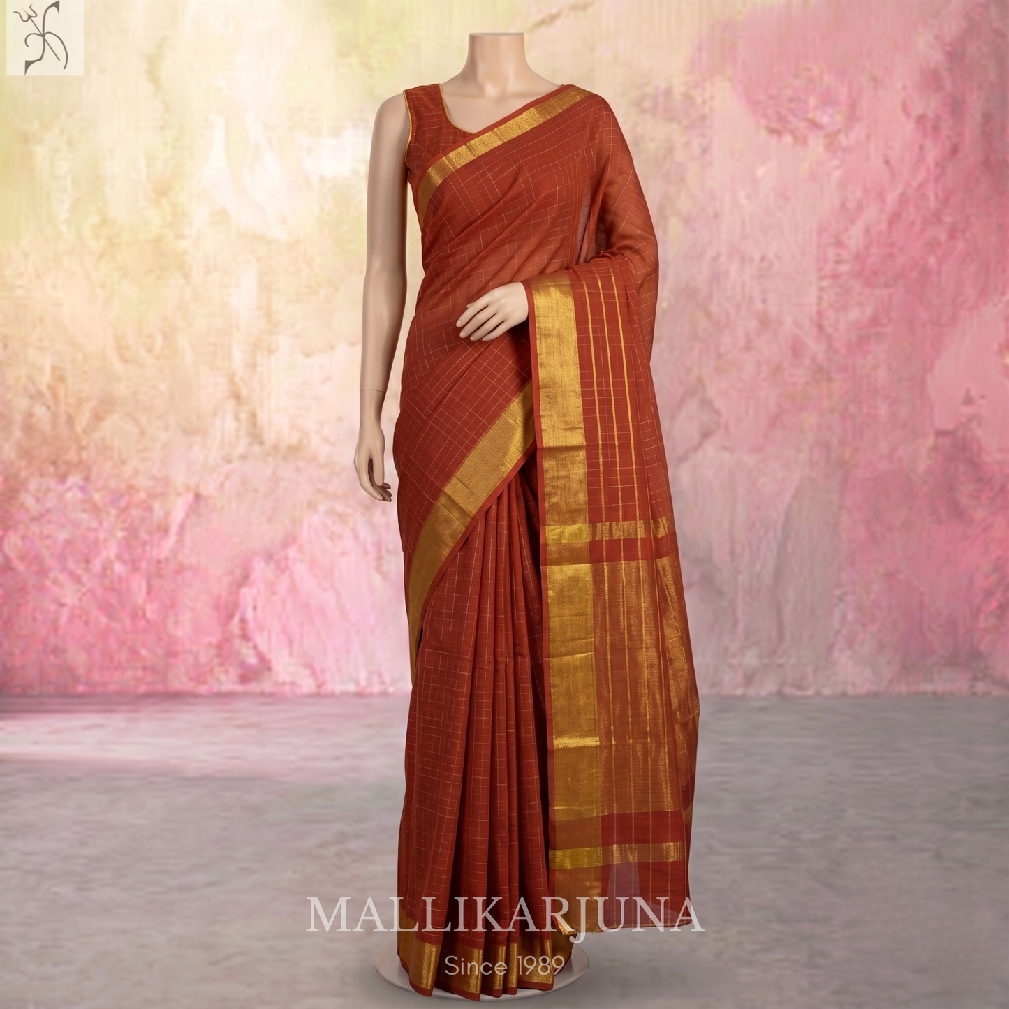 C74. Pure Brown Checks Venkatagiri Cotton Saree