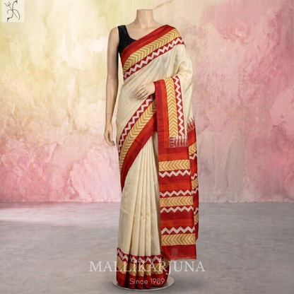 B43.Pure Cream Tussar Silk Saree