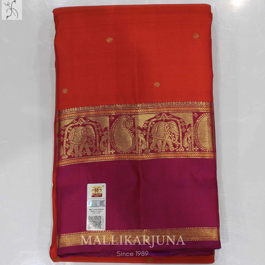 A14.pure Orange Kanjivaram Butta silk saree