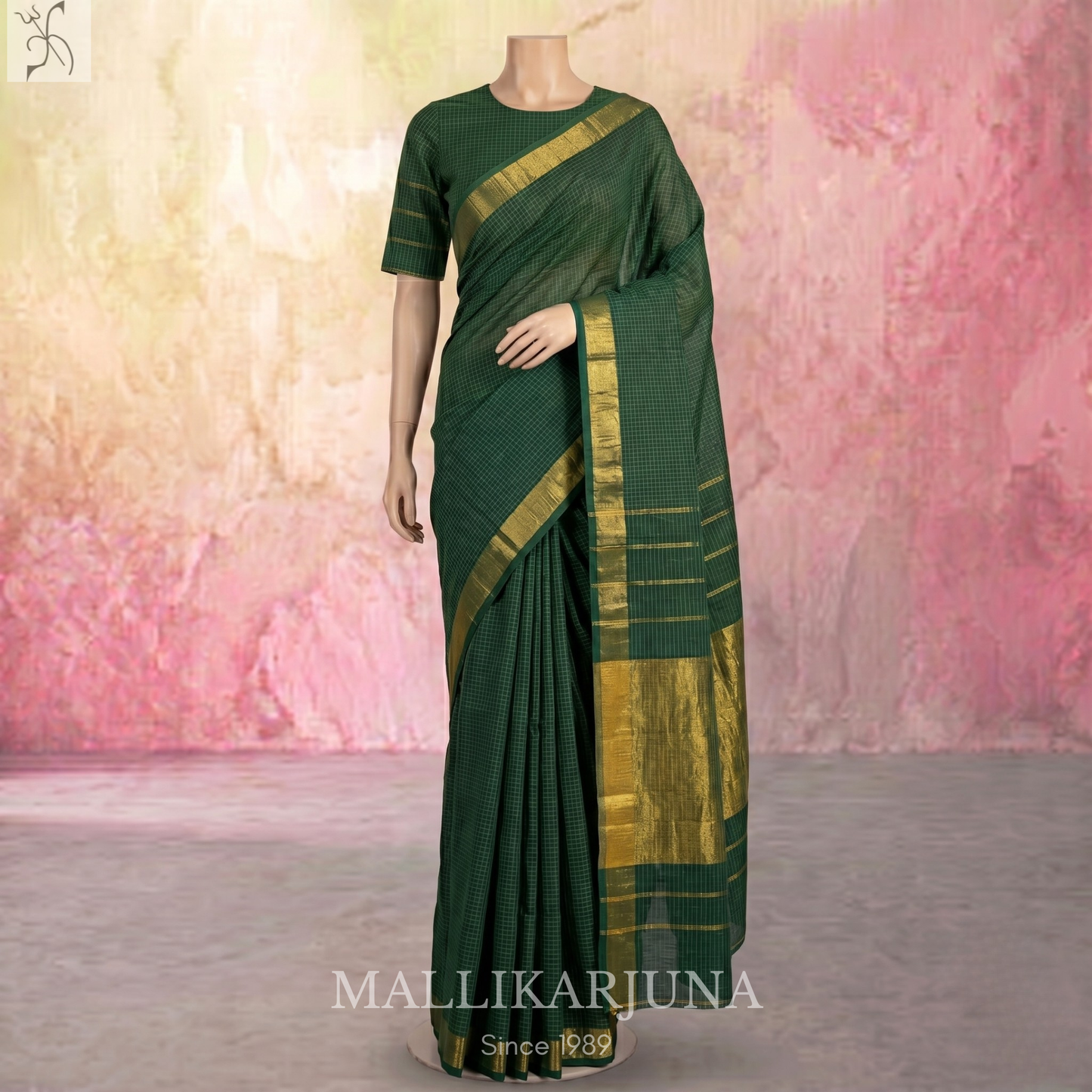 C75. Pure Bottle Green Checks Venkatagiri Cotton Saree