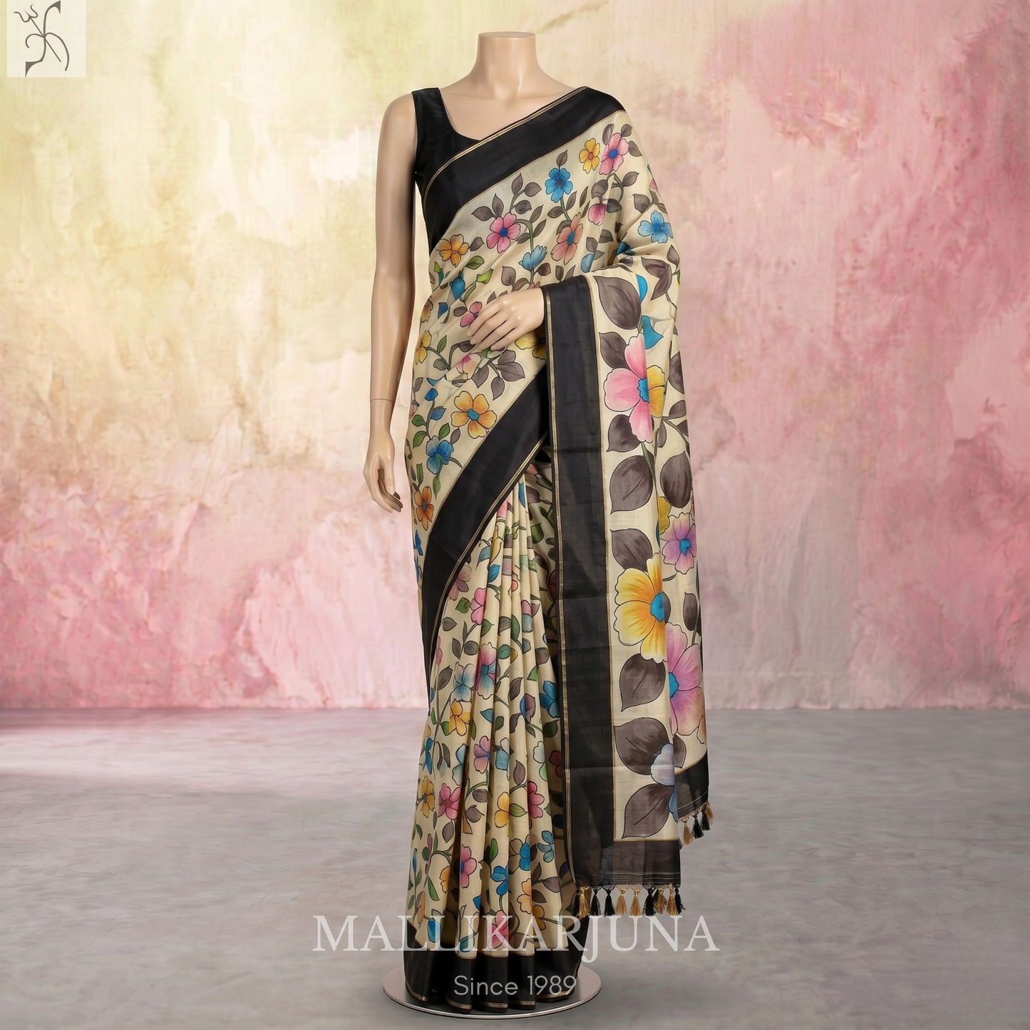 B44.Pure Cream Tussar Silk Saree