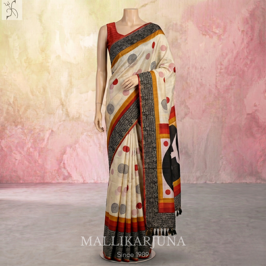 B45.Pure White Tussar Silk Saree