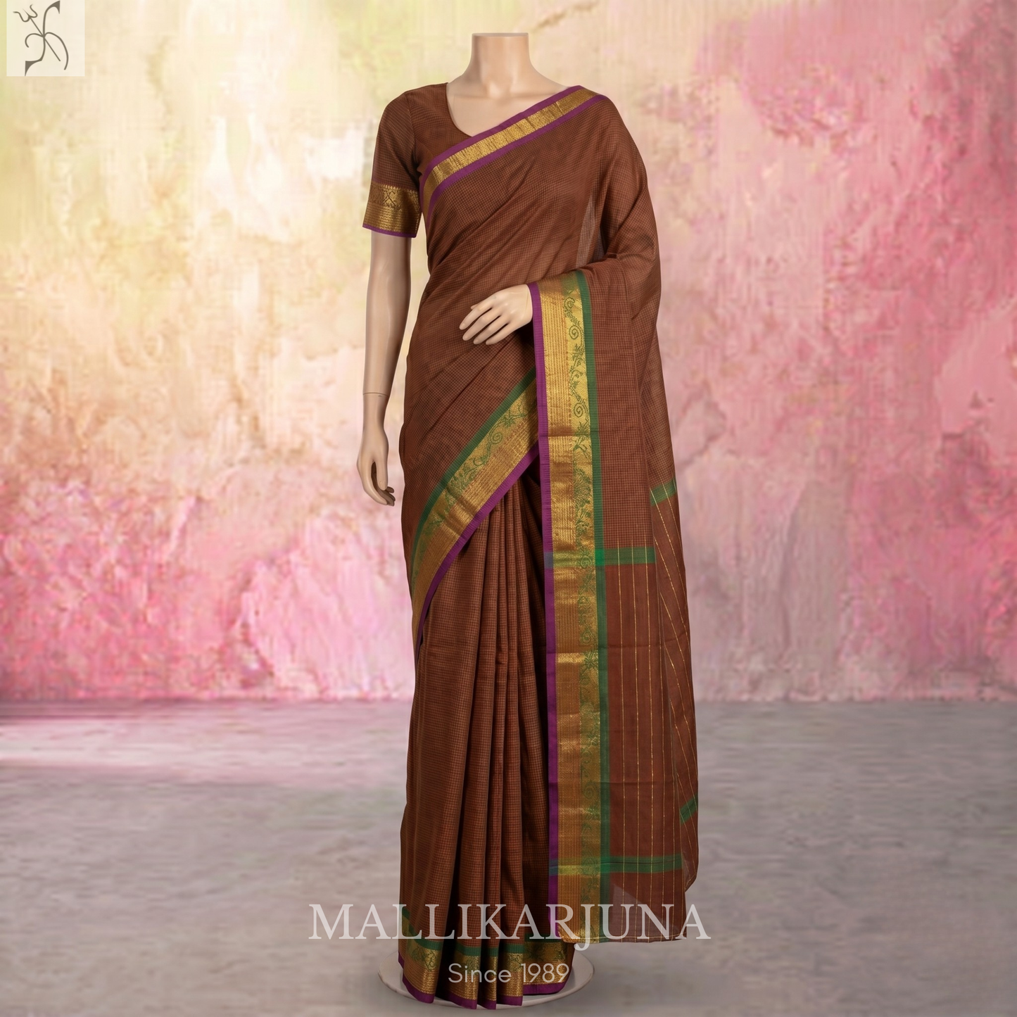 C77. Pure Brown Checks Venkatagiri Cotton Saree