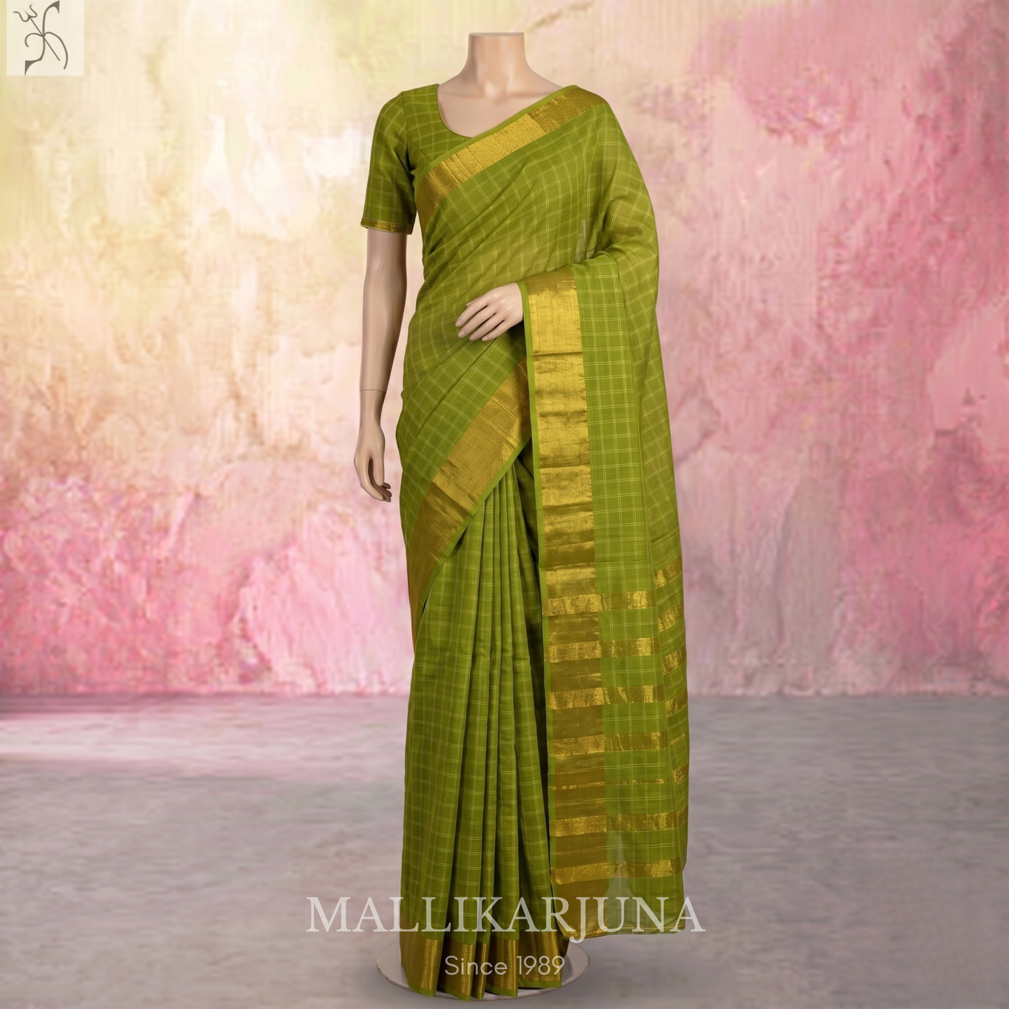 C78. Pure Parrot Green Checks Venkatagiri Cotton Saree