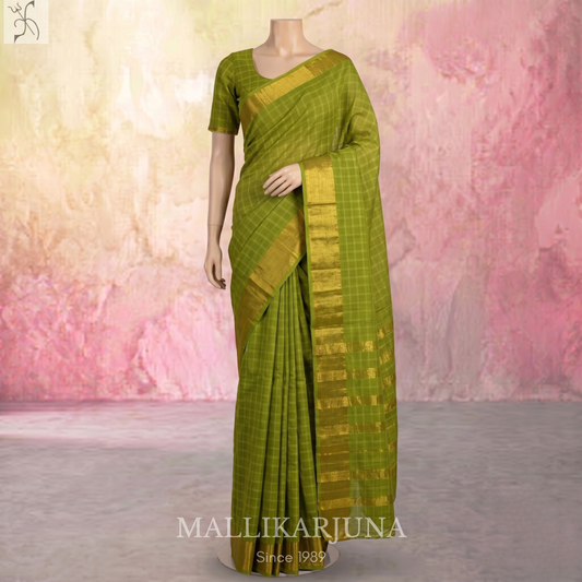 C78. Pure Parrot Green Checks Venkatagiri Cotton Saree