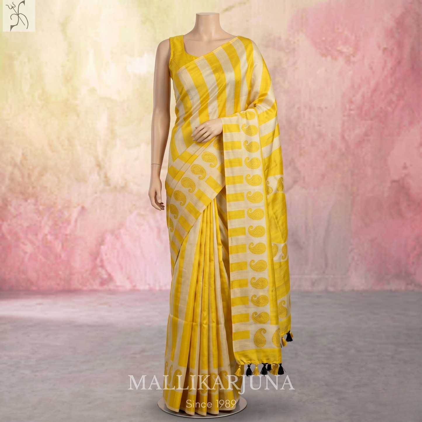 B49.Pure Yellow Tussar Silk Saree
