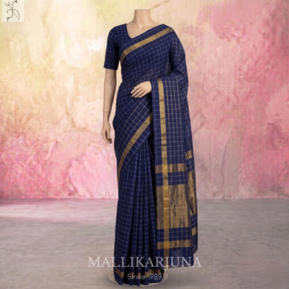 C80. Pure Dark Blue Checks Venkatagiri Cotton Saree