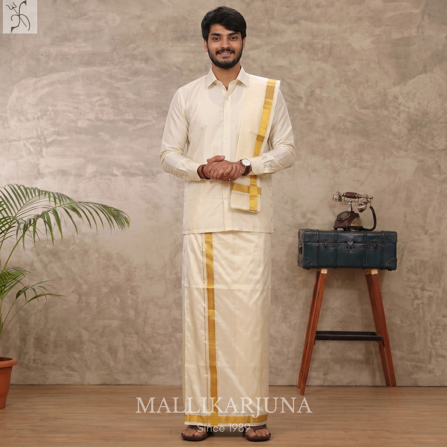 E93. Off White Premium Pure Silk Dhoti & Angavastram (Towel) Set