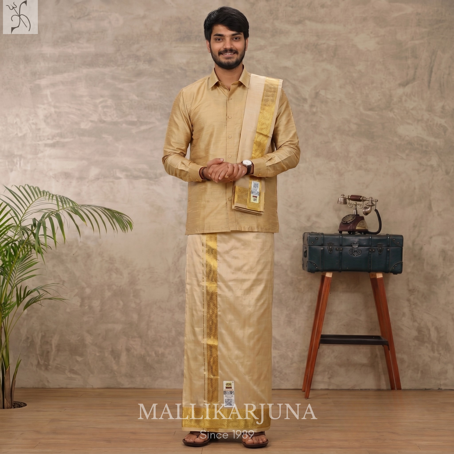 E94. Sandel wood Premium Pure Silk Dhoti & Angavastram (Towel) Set