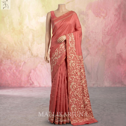 B50.Pure Baby Pink Tussar Silk Saree