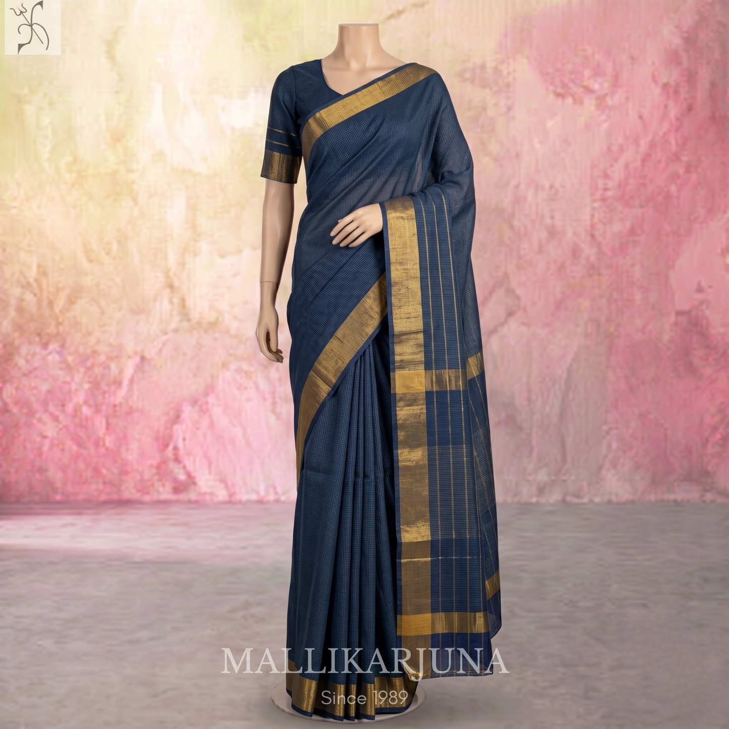 C83.Pure Ink Blue Checks Venkatagiri Cotton Saree