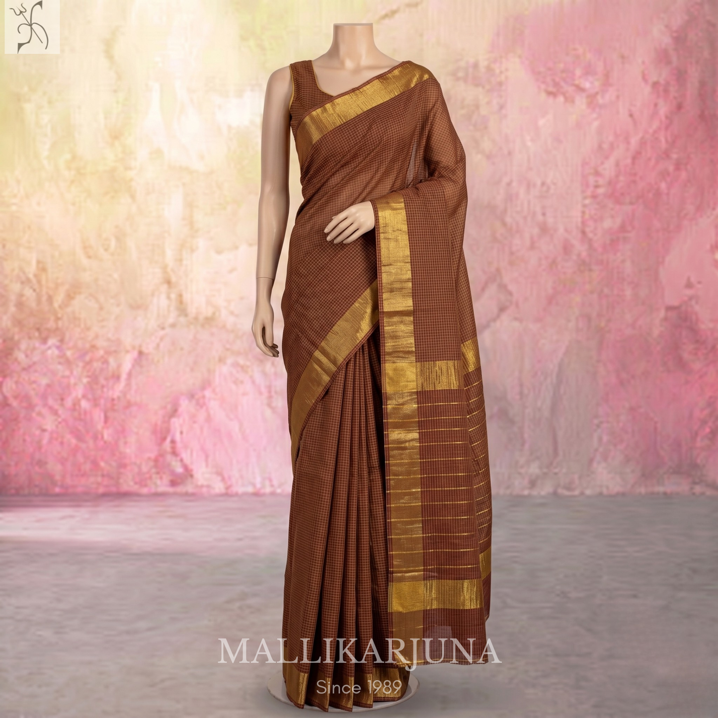 C84.Pure Brown Checks Venkatagiri Cotton Saree