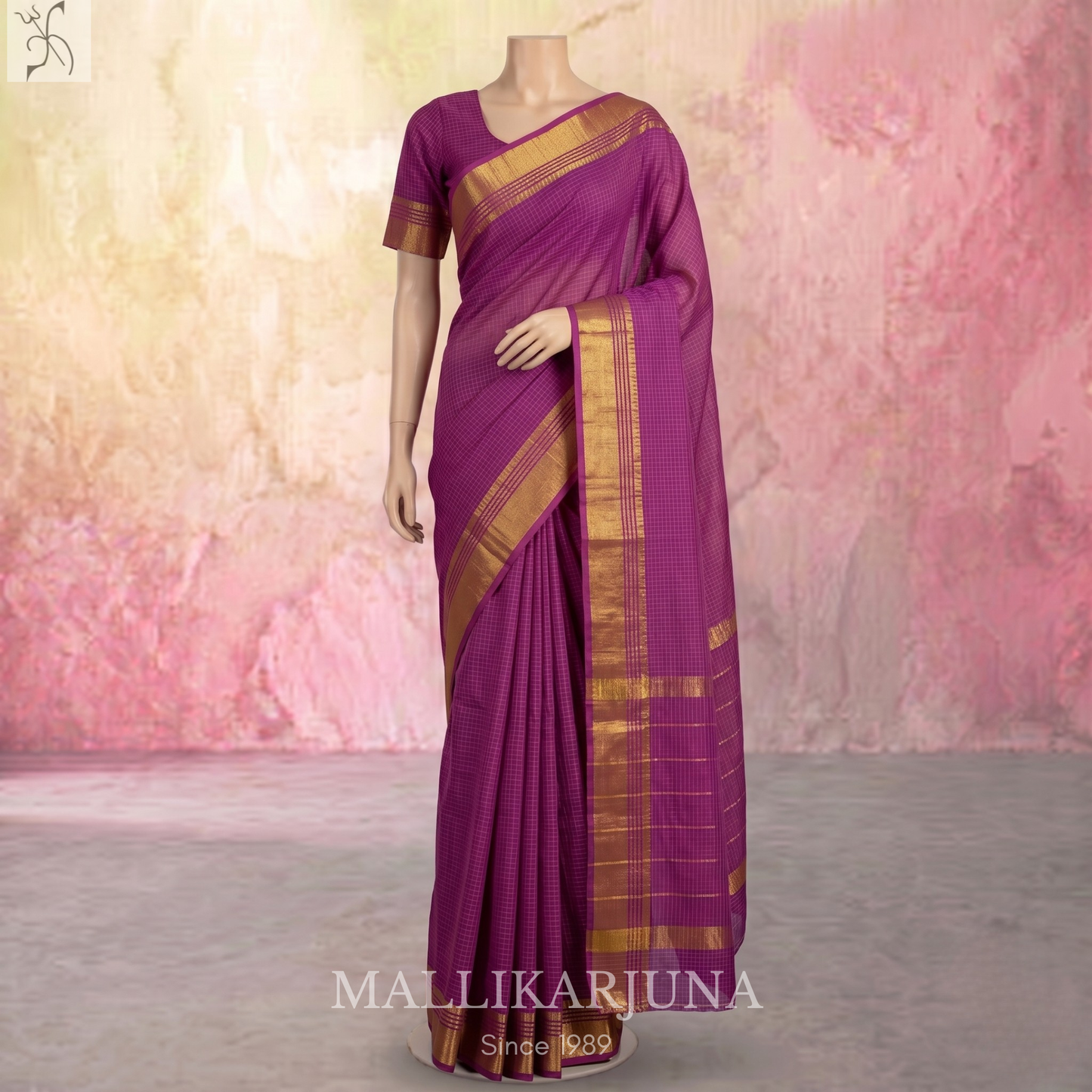 C85. Pure Pink Checks Venkatagiri Cotton Saree
