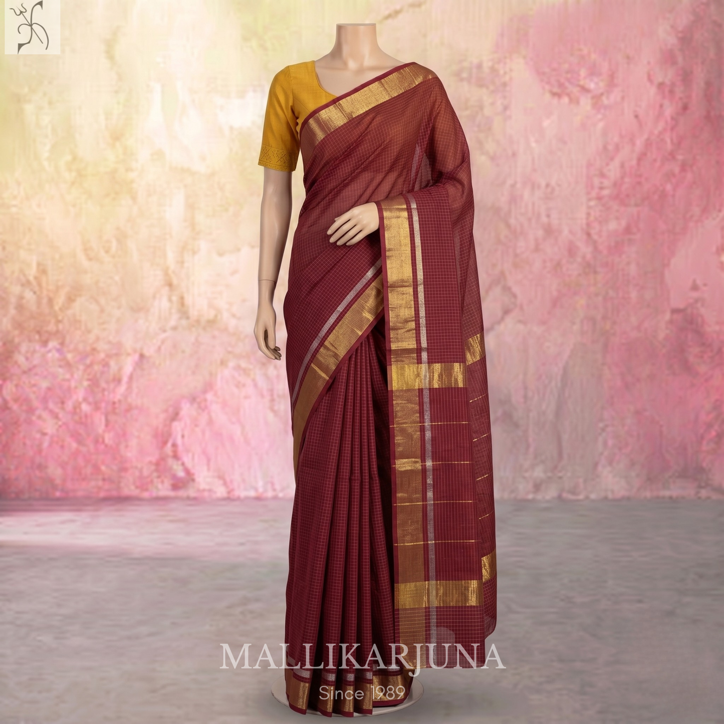 C87. Pure Maroon red Checks Venkatagiri Cotton Saree