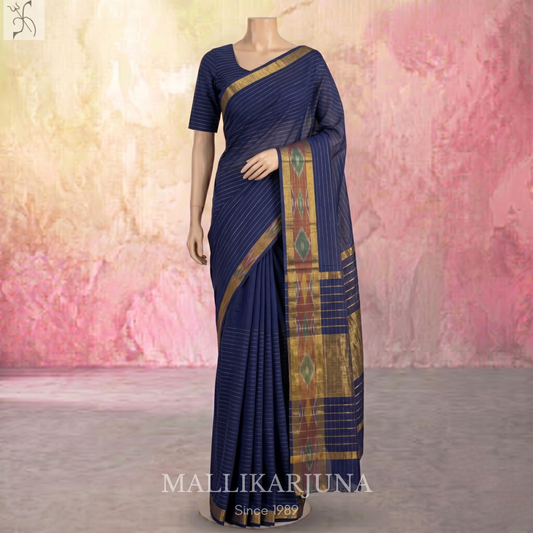C89. Pure Ink Blue Checks Venkatagiri Cotton Saree