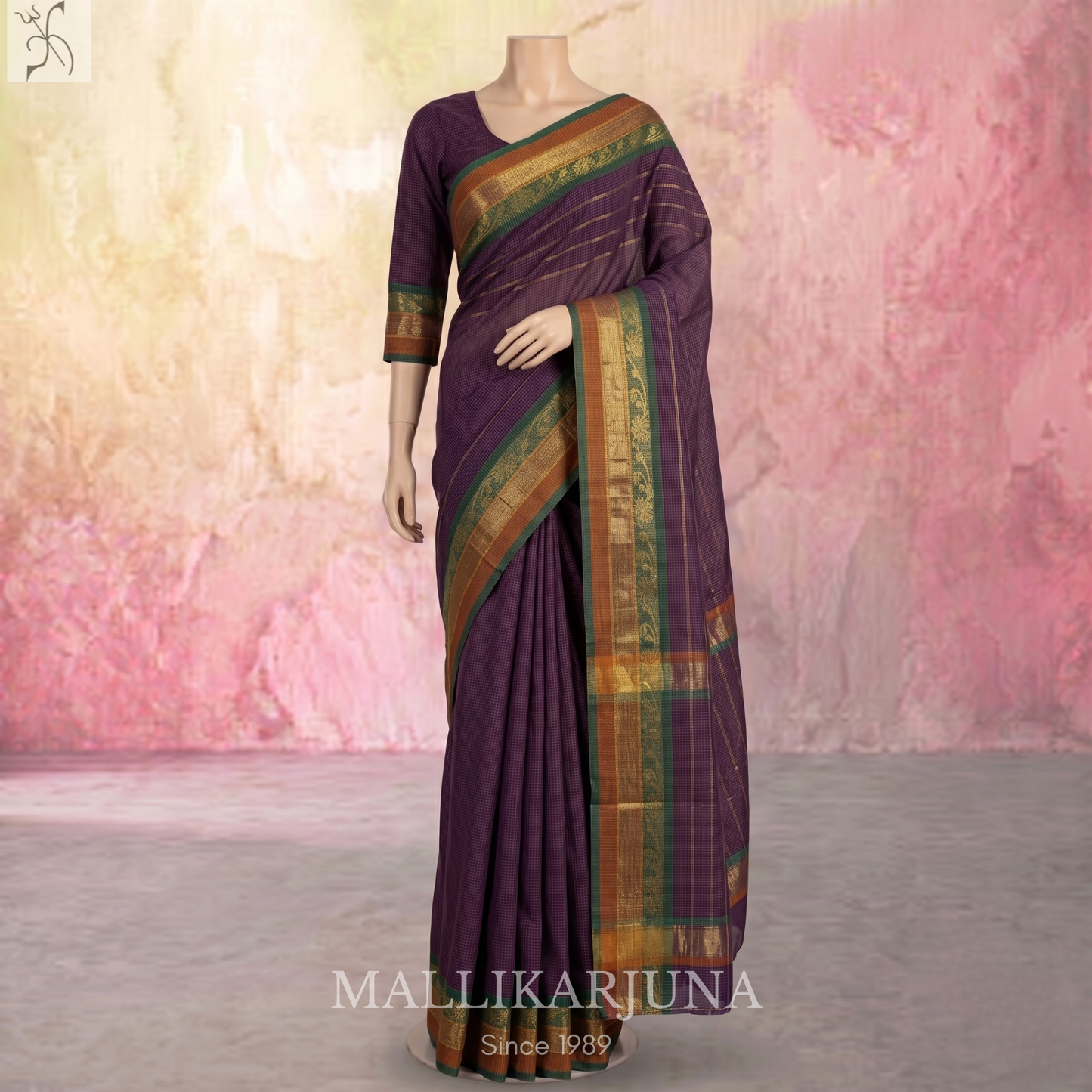 C90. Pure Purple Checks Venkatagiri Cotton Saree