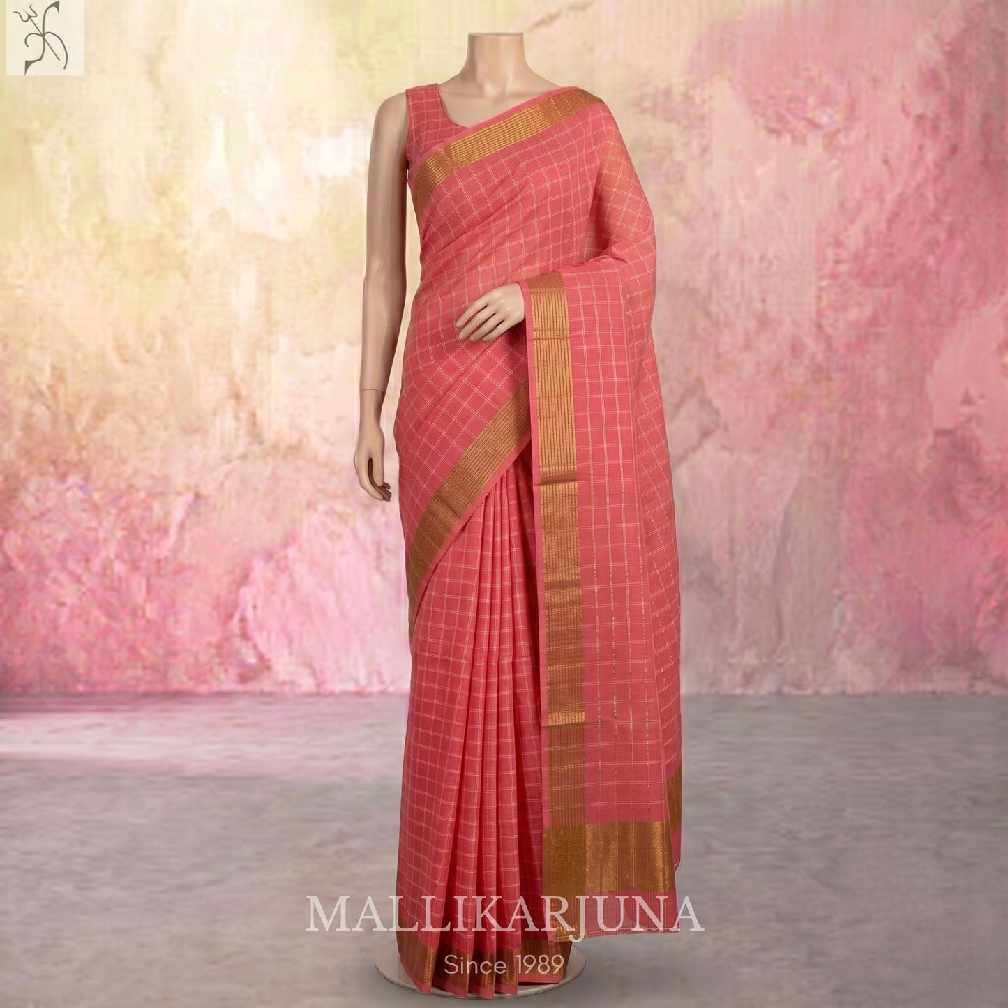 C92. Pure Baby Pink Checks Venkatagiri Cotton Saree