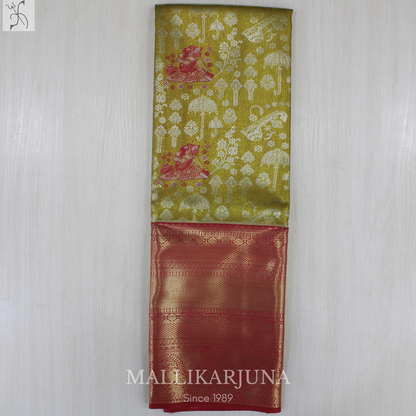 M136 Semi Kanjivaram Tissue Mustard Pattu Pavada
