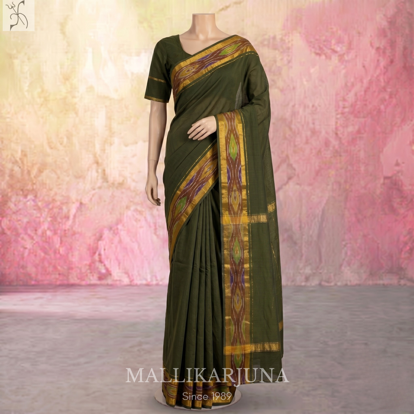 C55. Pure Bottle Green Plain Venkatagiri Cotton Saree
